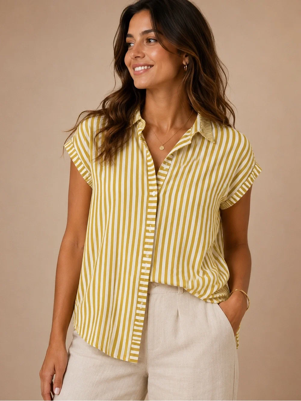 Jane + Delancey Striped Button Front Blouse Size L Mustard White Coastal Top